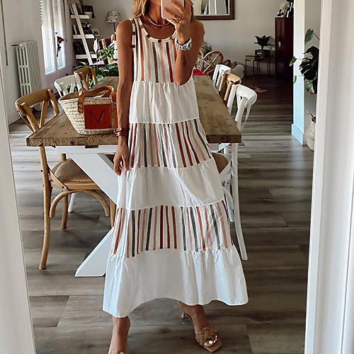 

Women's Strap Dress Maxi long Dress White Sleeveless Color Block Summer Round Neck Casual 2021 S M L XL