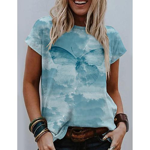 

Women's Abstract Butterfly Painting T shirt Butterfly Tie Dye Animal Print Round Neck Basic Tops Blue Purple Khaki