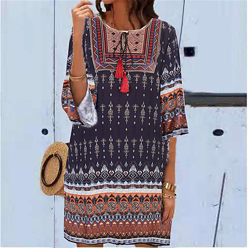 

Women's A Line Dress Knee Length Dress Blue White Red 3/4 Length Sleeve Geometic Spring Summer Ethnic 2021 L