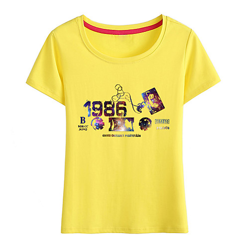 

Women's Painting T shirt Graphic Text Print Round Neck Basic Tops Cotton Yellow Blushing Pink White