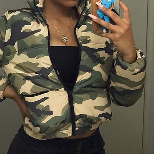 

Women's Coat Sport Fall Winter Short Coat Regular Fit Warm Sporty Casual Jacket Long Sleeve Camo / Camouflage Quilted Army Green