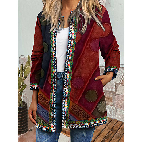 

Women's Coat Daily Spring & Fall Winter Regular Coat Regular Fit Casual Jacket Long Sleeve Color Block Print Wine / Holiday