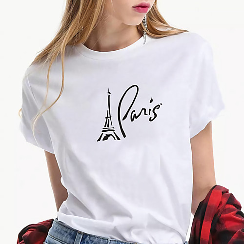 

Women's Painting T shirt Paris Le Coq Gaulois La Tour Eiffel Print Round Neck Basic Tops Cotton Blue White Black