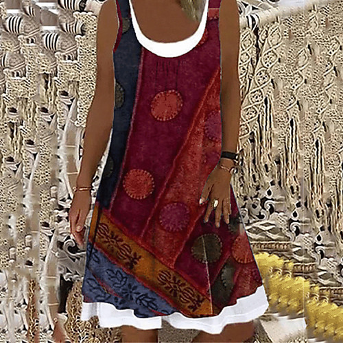 

Women's Shift Dress Knee Length Dress Blue Purple Yellow Fuchsia Gray Red Sleeveless Geometric Patchwork Print Summer Halter Neck Casual 2021 S M L XL XXL 3XL