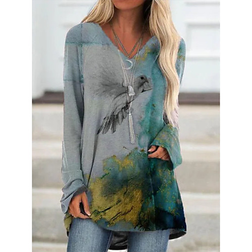 

Women's Abstract T shirt Graffiti Animal Long Sleeve V Neck Basic Tops Gray