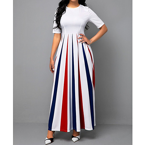 

Women's Swing Dress Maxi long Dress White Long Sleeve Stripes Modern Style Spring Summer Round Neck Casual 2021 S M L XL XXL XXXL 4XL 5XL