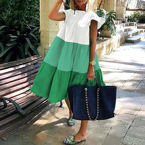

Women's A Line Dress Knee Length Dress Blue Green Red Short Sleeve Color Gradient Color Block Patchwork Fall Summer Round Neck Work Elegant Casual Party Holiday Beach Butterfly Sleeve Loose 2021 S M