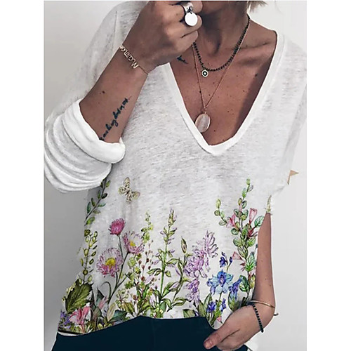 

Women's 3D Printed T shirt Flower Long Sleeve V Neck Basic Tops White