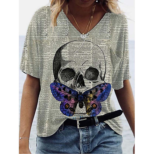 

Women's Butterfly Painting T shirt Butterfly Skull Print V Neck Basic Tops Gray