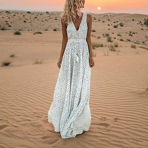 

Women's Swing Dress Maxi long Dress Blue Blushing Pink White Beige Sleeveless Polka Dot Polka Dots Ruched Lace up Spring Summer V Neck Hot Casual Holiday Holiday Beach 2021 S M L XL XXL 3XL / Boho