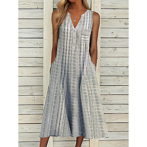 

Women's Swing Dress Midi Dress Gray Sleeveless Plaid / Check Spring Summer Casual 2021 S M L XL