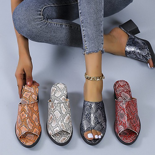 

Women's Clogs & Mules Chunky Heel Peep Toe PU Snake Red Orange White