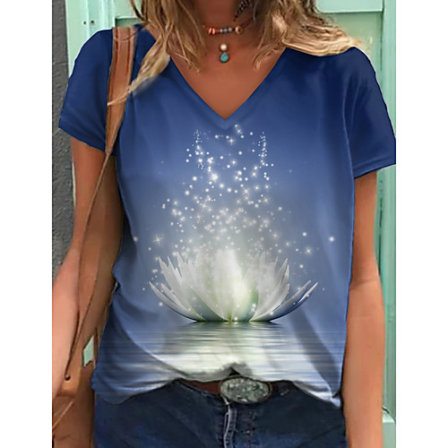 

Women's Floral Theme Abstract Painting T shirt Floral Graphic 3D Print V Neck Basic Tops Blue Purple Green