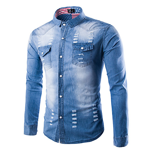 

Men's Shirt non-printing Solid Color Long Sleeve Daily Tops 100% Cotton Comfortable Light Blue