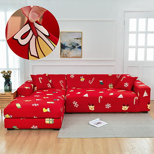 

Christmas Red Sofa Cover 1-Piece Couch Cover Fit for 1-4 Seater L-shape Couch Soft Stretch Slipcover Spandex Jacquard Fabric Easy to Install(1 Free Cushion Cover)