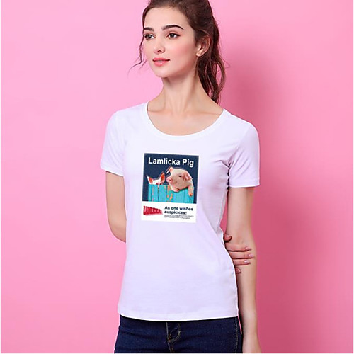 

Women's Painting T shirt Text Animal Print Round Neck Basic Tops Cotton Blushing Pink White Black