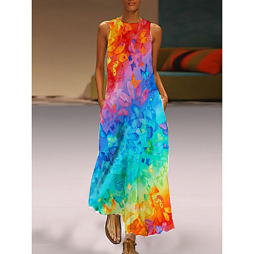 

Women's Shift Dress Maxi long Dress Rainbow Sleeveless Butterfly Animal Print Fall Summer Round Neck Casual 2021 S M L XL XXL 3XL