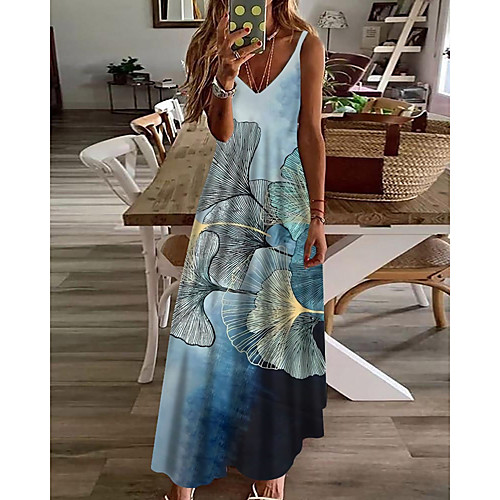 

Women's A Line Dress Maxi long Dress Light Blue Sleeveless Floral Print Print Spring Summer V Neck Casual Holiday 2021 S M L XL XXL 3XL