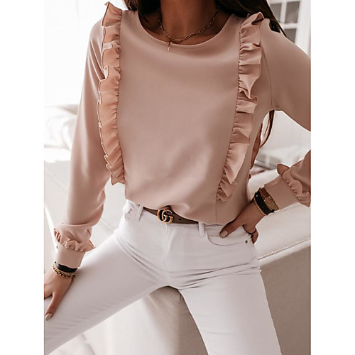 

Women's Blouse Shirt Plain Long Sleeve Ruffle Button Round Neck Basic Streetwear Tops Blushing Pink White Black