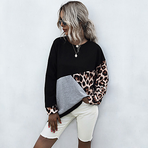

Women's Sweatshirt Pullover Color Block Leopard Print Casual Daily Sports Other Prints Sportswear Streetwear Hoodies Sweatshirts Black