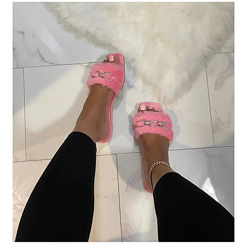 

Women's Sandals Flat Heel Square Toe Faux Fur PU Solid Colored Pink Black