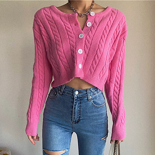 

Women's Stylish Button Solid Color Sweater Cropped Sweater Long Sleeve Sweater Cardigans Crew Neck Fall Winter Blue Blushing Pink White
