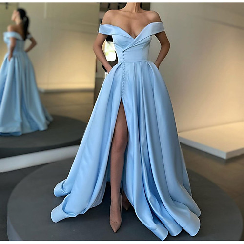 

A-Line Minimalist Sexy Engagement Prom Dress Off Shoulder Sleeveless Floor Length Satin with Pleats Split 2021