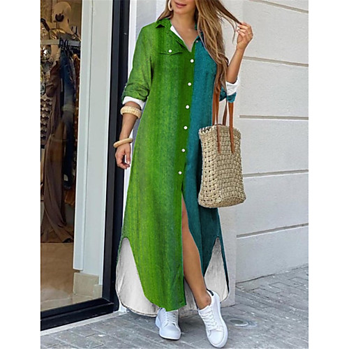 

Women's Shirt Dress Maxi long Dress Light Green Long Sleeve Print Color Gradient Print Spring Summer Shirt Collar Casual 2021 S M L XL XXL 3XL