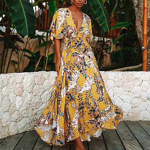 

Women's Swing Dress Maxi long Dress Yellow Half Sleeve Floral Print Summer Round Neck Casual 2021 S M L XL