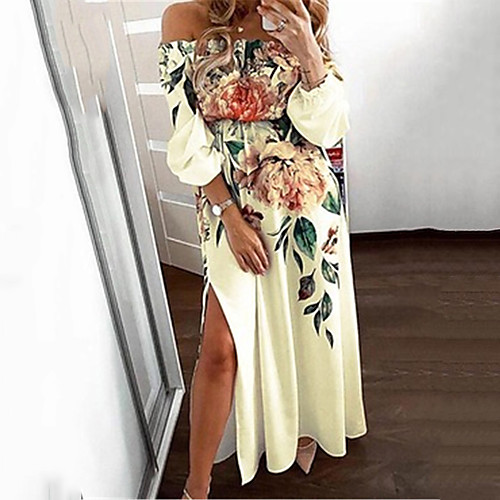 

Women's A Line Dress Maxi long Dress Blue Yellow White Long Sleeve Floral Split Print Summer Off Shoulder Casual 2021 S M L XL XXL