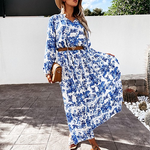 

Women's Swing Dress Maxi long Dress Dark blue flower Long Sleeve Flower Lace up Spring Summer Y Neck Elegant 2021 S M L XL 2XL