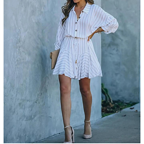 

Women's A Line Dress Short Mini Dress White Long Sleeve Stripes Autumn / Fall Casual 2021 S M L XL