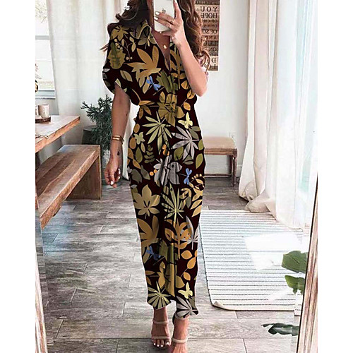 

Women's Shirt Dress Maxi long Dress Blue Purple Yellow Light Brown Fuchsia Gray Rainbow Orange Black Brown Short Sleeve Floral Color Block Print Summer Shirt Collar Casual 2021 S M L XL