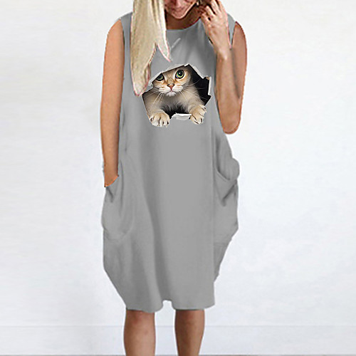 

Women's T Shirt Dress Tee Dress Knee Length Dress Blue Yellow Fuchsia Gray Green White Black Sleeveless Cat Animal Summer Round Neck Casual Oversized 2021 S M L XL XXL 3XL 4XL 5XL