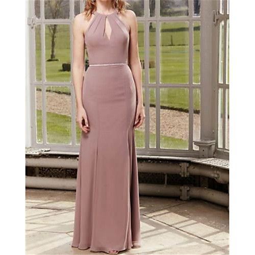 

Sheath / Column Jewel Neck Floor Length Chiffon Bridesmaid Dress with Pleats