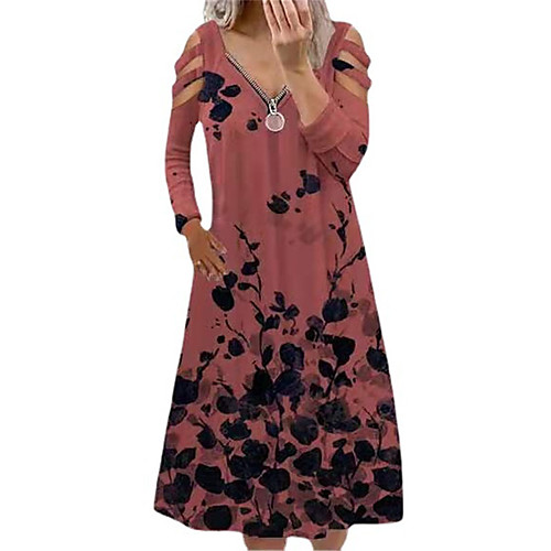

Women's A Line Dress Knee Length Dress Blushing Pink Gray Red Dark Blue Long Sleeve Floral Zipper Print Fall Summer V Neck Casual 2021 S M L XL XXL