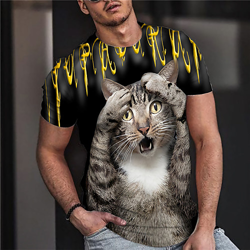 

Men's Unisex Tee T shirt Shirt 3D Print Cat Graphic Prints Print Short Sleeve Daily Tops Casual Designer Big and Tall Gray