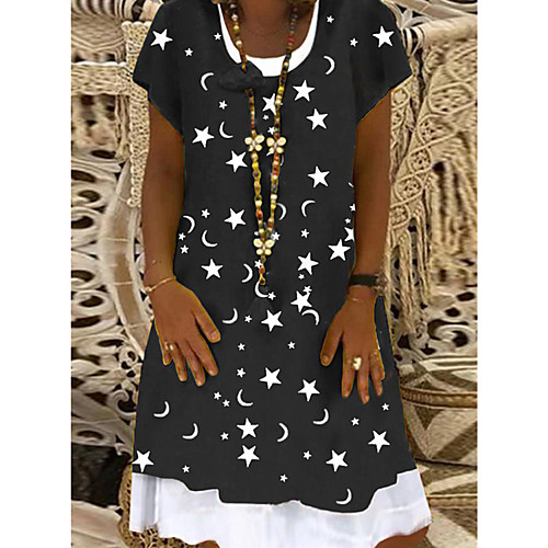 

Women's T Shirt Dress Tee Dress Knee Length Dress Black Short Sleeve Stars Moon Spring Summer Casual 2021 S M L XL XXL XXXL