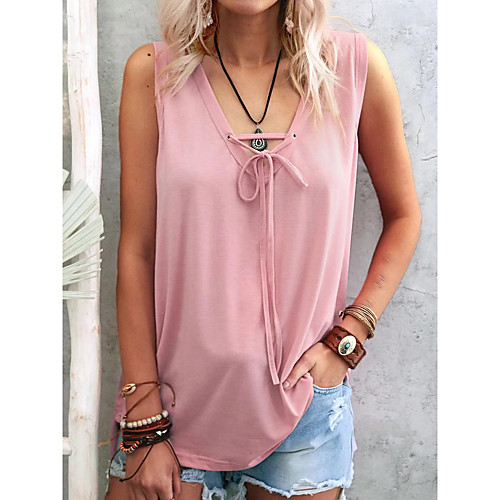 

Women's Tank Top Vest Plain Lace up V Neck Basic Streetwear Tops Blushing Pink