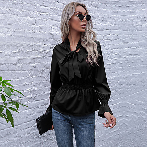 

Women's Blouse Shirt Plain Long Sleeve Lace up Ruffle Standing Collar Basic Streetwear Tops Wine Black