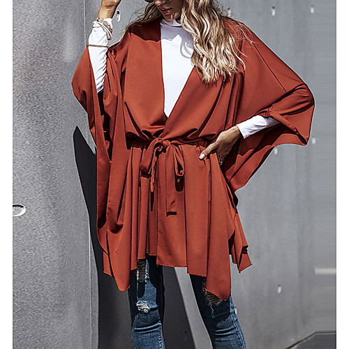 

Women's Cloak / Capes Going out Spring & Fall Regular Coat Loose Streetwear Jacket Long Sleeve Solid Colored Lace up Red / Work