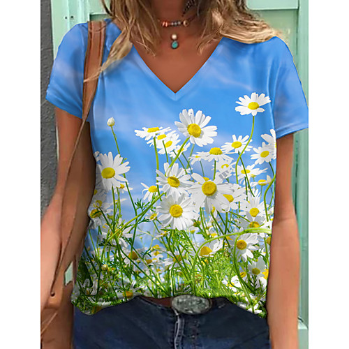 

Women's Floral Theme Painting T shirt Floral Daisy Print V Neck Basic Tops Blue