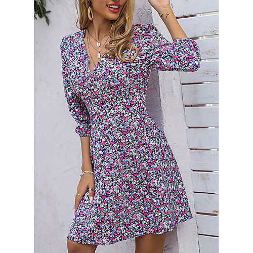 

Women's A Line Dress Short Mini Dress Purple 3/4 Length Sleeve Florals Floral Spring Summer V Neck Casual 2021 S M L XL