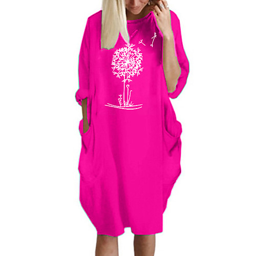 

Women's T Shirt Dress Tee Dress Knee Length Dress Blue Yellow Fuchsia Gray Green White Black Long Sleeve Print Spring Summer Round Neck Casual Oversized 2021 S M L XL XXL 3XL 4XL 5XL