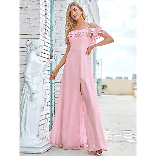 

A-Line Straps / Off Shoulder Floor Length Chiffon Bridesmaid Dress with Ruffles