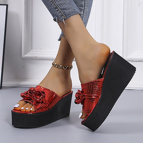 

Women's Slippers & Flip-Flops Flat Heel Round Toe PU Solid Colored Red Silver Gold