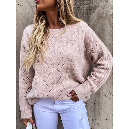 

Women's Casual Classic Style Solid Color Pullover Sweater Long Sleeve Sweater Cardigans Round Neck Fall Winter Blue Blushing Pink Gray