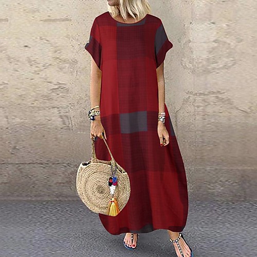 

Women's Loose Maxi long Dress Red Wine Short Sleeve Multi Color Square Spring Summer Casual Loose 2021 S M L XL XXL XXXL 4XL 5XL