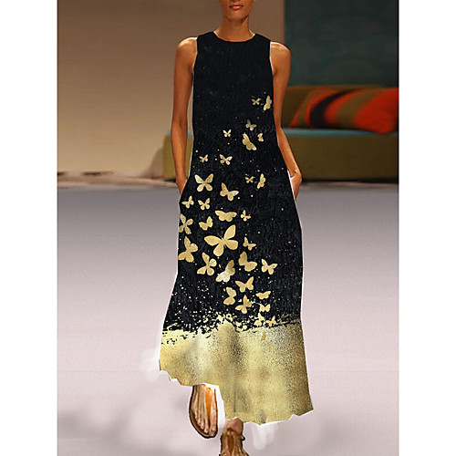 

Women's Shift Dress Maxi long Dress Black Sleeveless Butterfly Animal Print Spring Summer Round Neck Casual Holiday 2021 S M L XL XXL 3XL