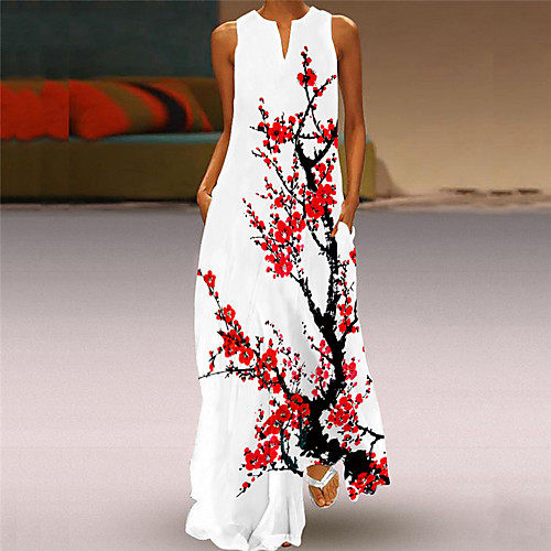 

Women's Shift Dress Maxi long Dress White Red Sleeveless Floral Print Summer V Neck Casual 2021 S M L XL